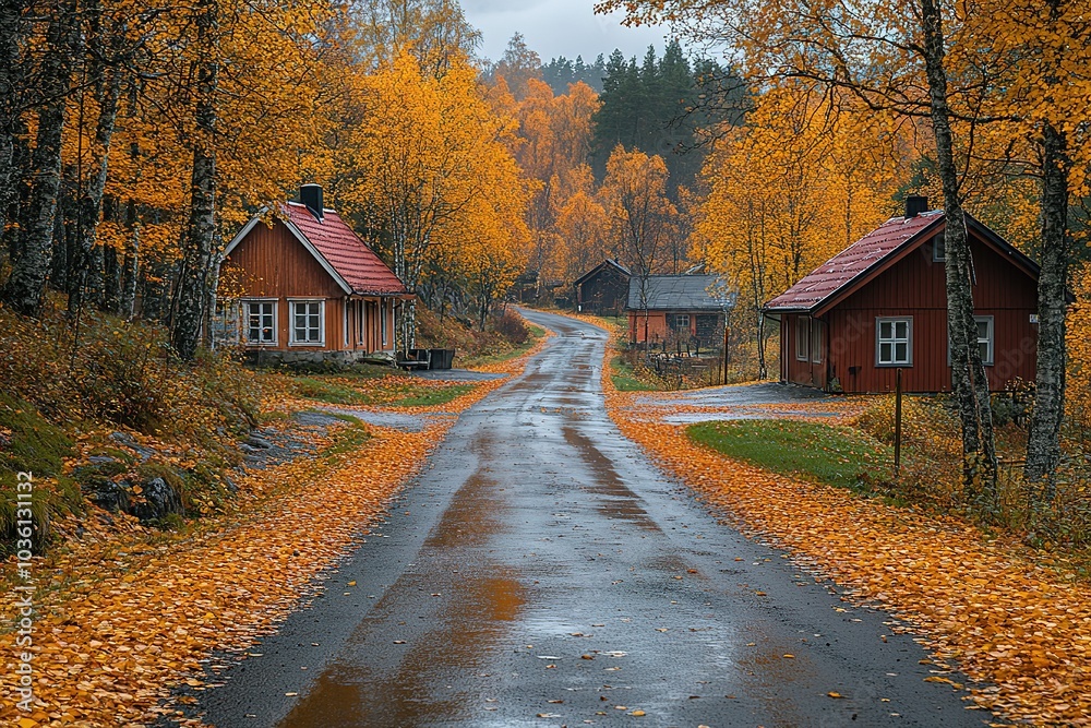 A quiet road winds through a forest of yellow autumn leaves, leading to a small village of red wooden houses. A quiet road winds through a forest of yellow autumn leaves, leading to a small village of red wooden houses.