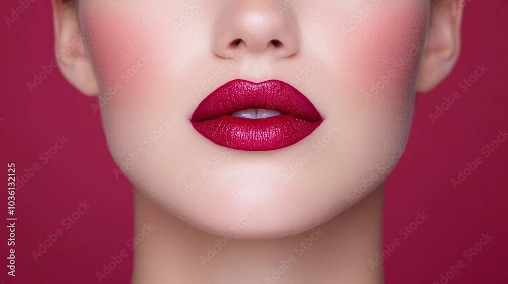 Close-up of bold red lips, soft pink blush, radiant glowing skin, minimal makeup, matte lipstick, vibrant red background, elegant artistic beauty, modern fashion concept

