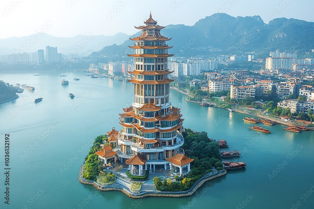 Obraz premium A majestic pagoda sits on a small island in the middle of a large body of water.