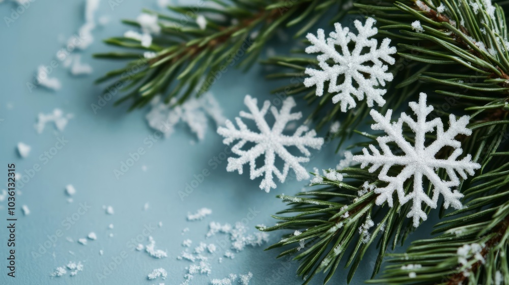 Soft snowflakes on pine needles, nature's winter wonder Soft snowflakes on pine needles, nature's winter wonder