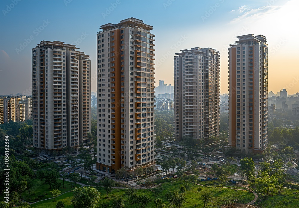 Obraz premium Four modern apartment buildings stand tall in a park setting.