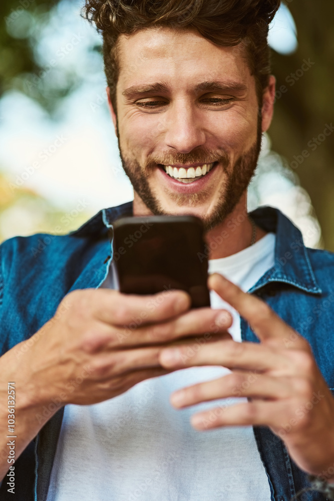 Happy man, typing and browsing with phone in nature for social media, chatting or texting app. Young, male person or user with smile on mobile smartphone for web, online conversation or communication Happy man, typing and browsing with phone in nature for social media, chatting or texting app. Young, male person or user with smile on mobile smartphone for web, online conversation or communication