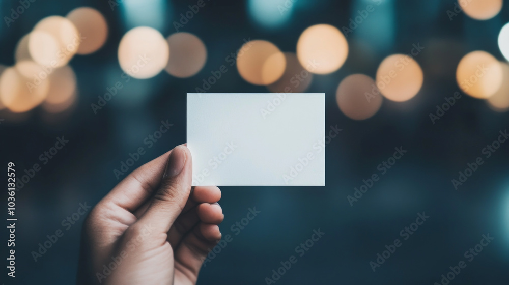 A hand holds a blank business card in front of a bokeh background. A hand holds a blank business card in front of a bokeh background.