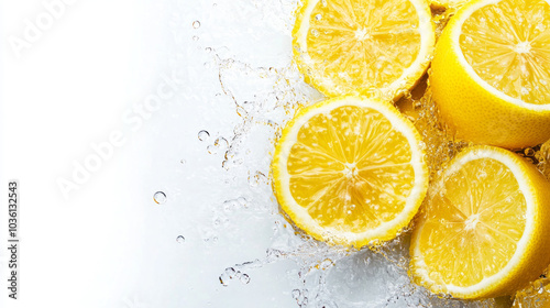 Fresh lemon slices splash in water, creating a vibrant and refreshing scene.