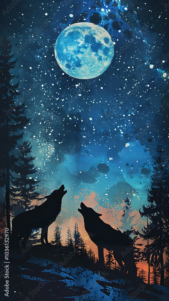Fototapeta premium Nighttime Sky with Wolves Howling at a Full Moon