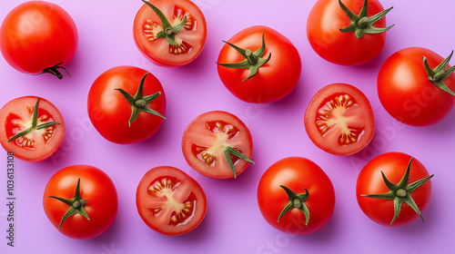 A top-down view of multiple tomatoes, some whole and some halved, spread casually on a lilac background, highlighting the natural beauty of the tomatoes� vibrant red color.