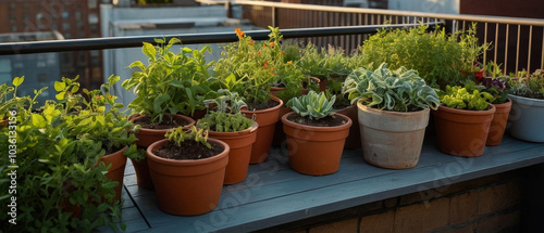 a image from a urban rooftop garden with various potted plants, herbs, and vegetables growing in containers, captured with a standard lens during a late afternoon