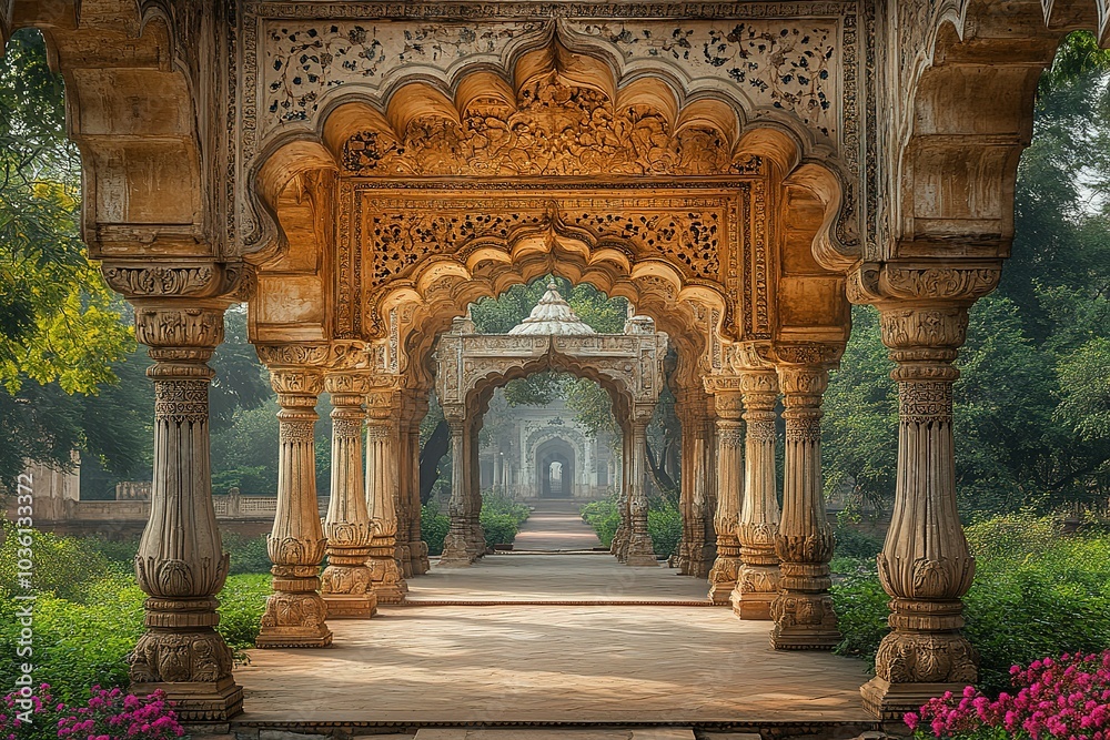Obraz premium A view down a symmetrical walkway lined with intricately carved pillars.