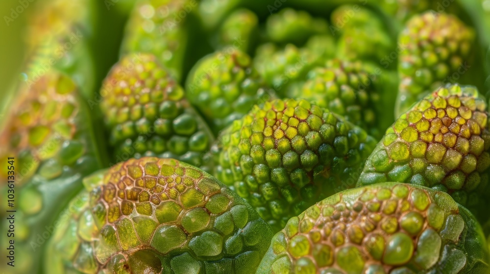 The surface of a succulent plant is covered in tiny tightly packed scales giving it a reptilian appearance.
