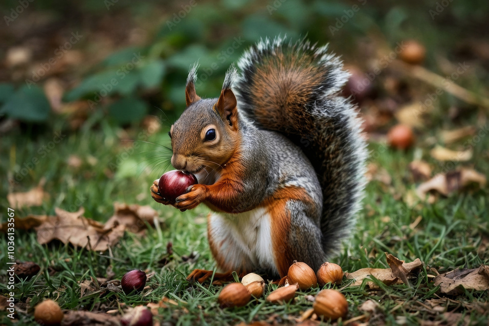 a squirrel collecting nuts in the forest