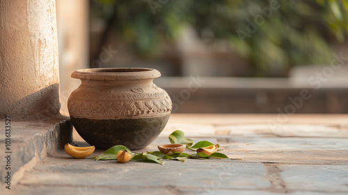 Traditional Kalash with Coconut and Mango Leaves for Diwali photo