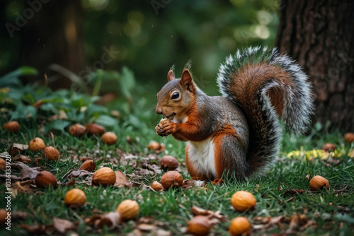 a squirrel collecting nuts in the forest