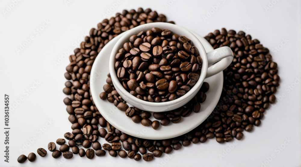 Creative and artistic image featuring a cup and coffee beans Creative and artistic image featuring a cup and coffee beans