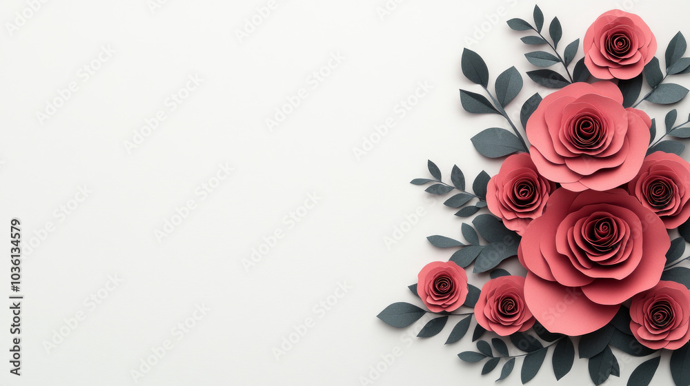Pink paper roses and green leaves on a white background. Pink paper roses and green leaves on a white background.
