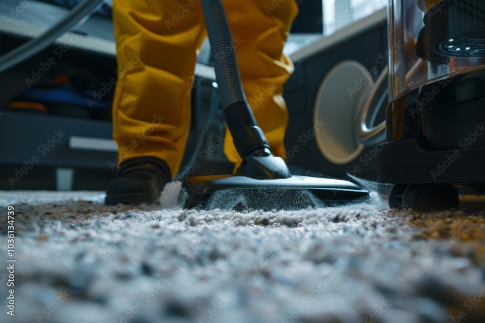A person in yellow pants uses a vacuum cleaner on a carpet. Concept of home cleaning or maintenance. For cleaning product advertisements. A person in yellow pants uses a vacuum cleaner on a carpet. Concept of home cleaning or maintenance. For cleaning product advertisements.