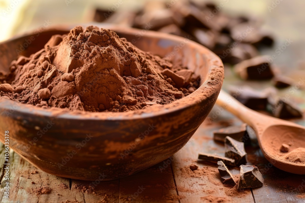 A wooden bowl filled with cocoa powder sits on a rustic table. Concept of baking ingredients and chocolate flavor. For culinary blogs and recipe books A wooden bowl filled with cocoa powder sits on a rustic table. Concept of baking ingredients and chocolate flavor. For culinary blogs and recipe books