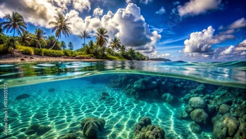 Stunning split shot of a tropical island with lush vegetation, white sand beach and coral reef underwater