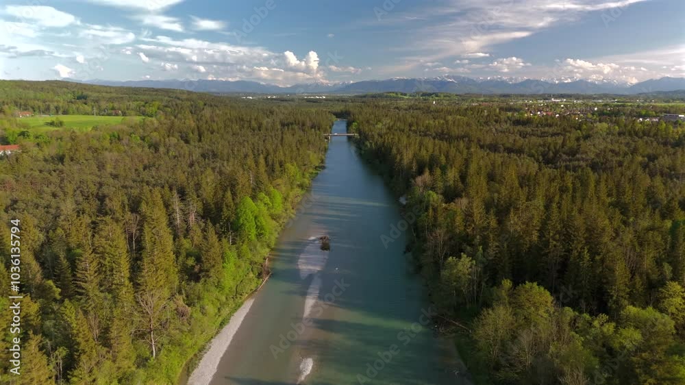 Marienbrucke is road bridge for motor vehicles, cyclists and pedestrians near Wolfratshausen in Upper Bavaria Germany, over Isar River, aerial view in summer. Marienbruecke von der Isar aus gesehen. 