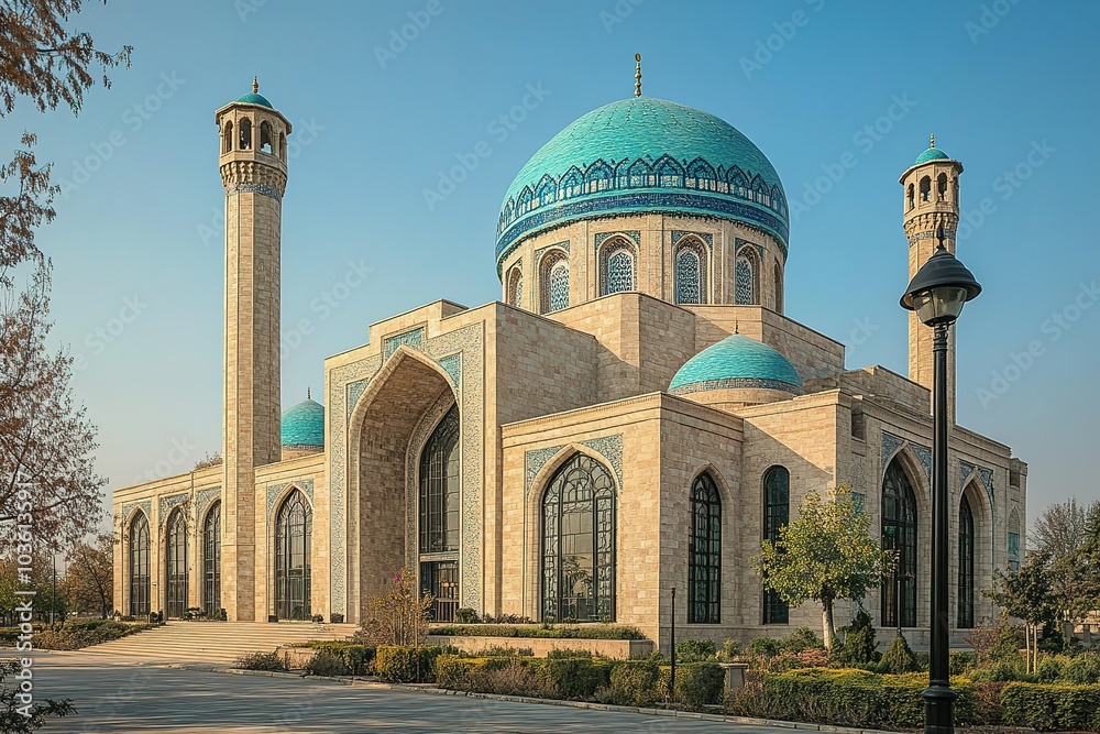 Obraz premium A grand mosque with a blue dome and minarets.