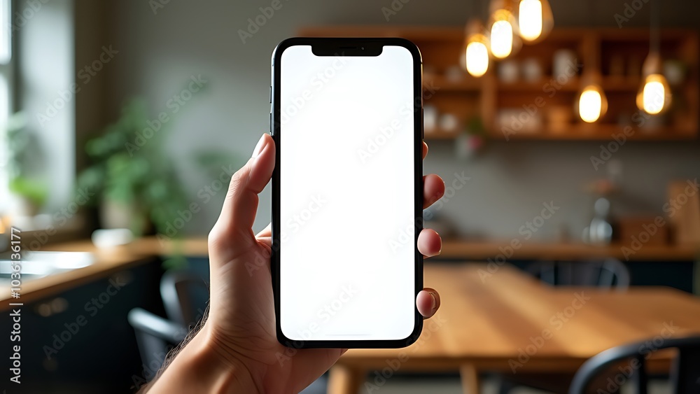 Close-up, hand holding smartphone with application for smart home control Close-up, hand holding smartphone with application for smart home control