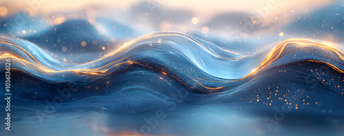 Abstract Digital Blue and Gold Waves, Sea Ocean Sky Universe Galaxy organic landscape banner