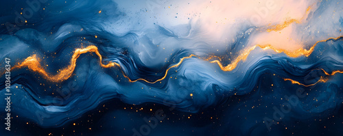 Contemporary Abstract Liquid Marble Banner in Blue with Golden Highlights