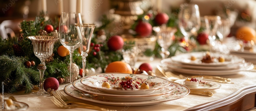 Festive Christmas table setting with fine china, silverware, and a garland of greenery. Festive Christmas table setting with fine china, silverware, and a garland of greenery.