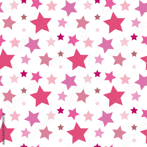 Seamless pattern with magical pink stars on white backgound. Vector image.
