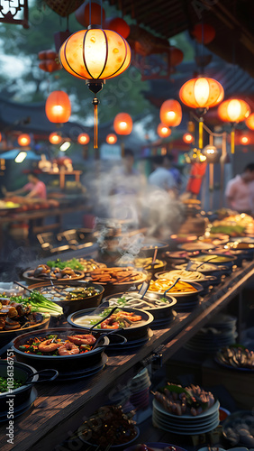 Asian street food market with warm lighting