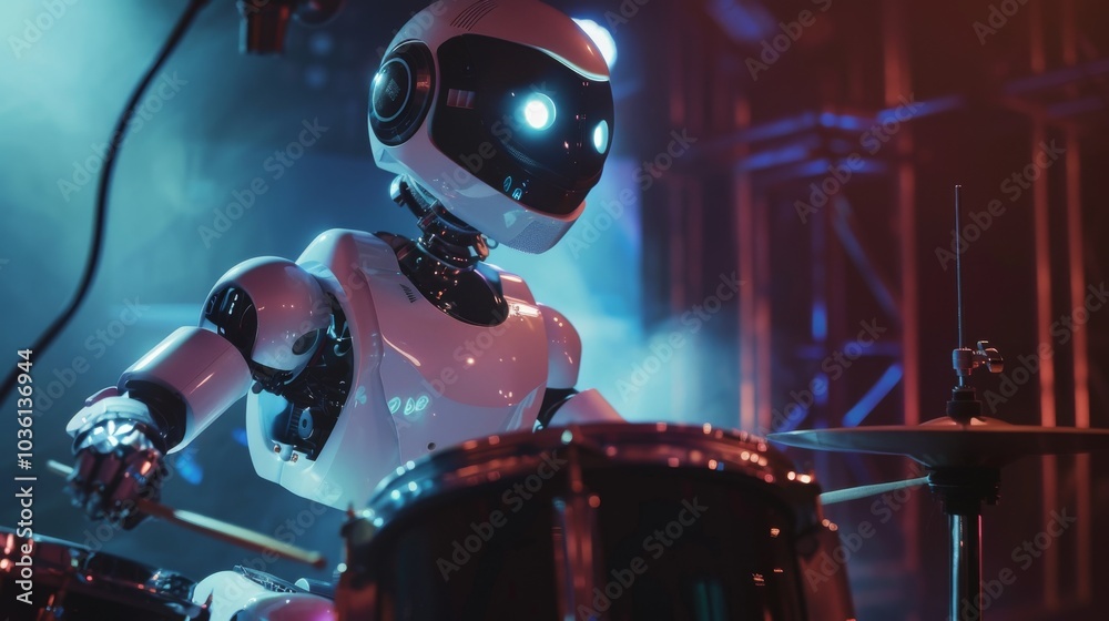 Fototapeta premium Futuristic robot musician playing an instrument on stage