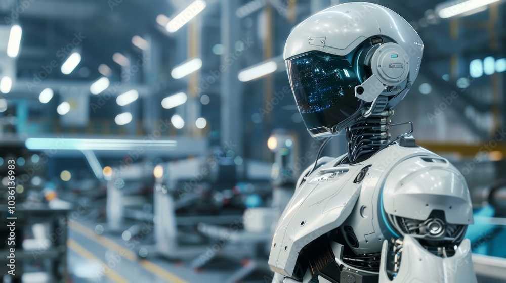 Futuristic robot operating a high-tech manufacturing plant Futuristic robot operating a high-tech manufacturing plant