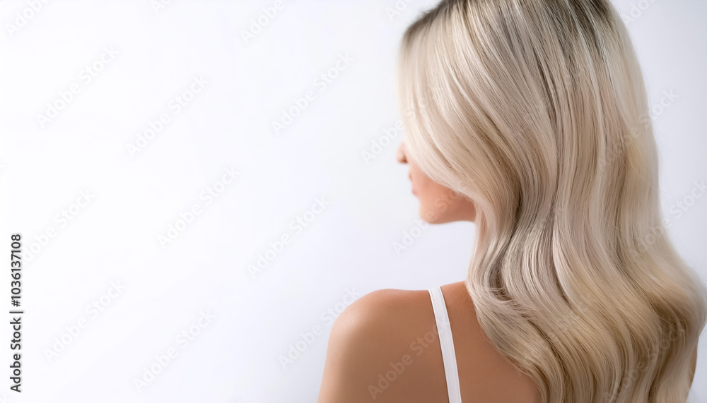 blonde hair in back side on side position provides copy space for text. background concept isolated white blonde hair in back side on side position provides copy space for text. background concept isolated white