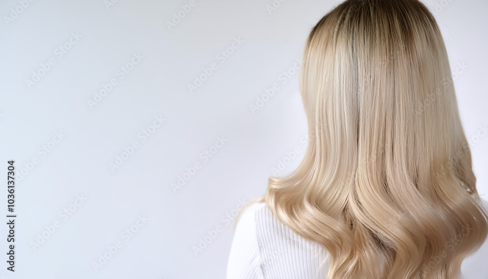 blonde hair in back side on side position provides copy space for text. background concept isolated white blonde hair in back side on side position provides copy space for text. background concept isolated white