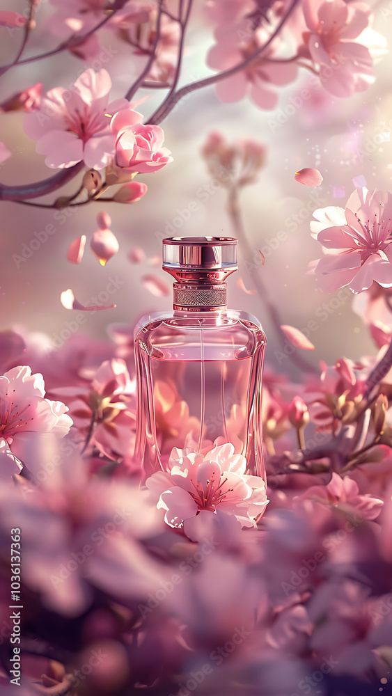 Perfume Bottle with Pink Flowers and Dreamy Lighting Perfume Bottle with Pink Flowers and Dreamy Lighting