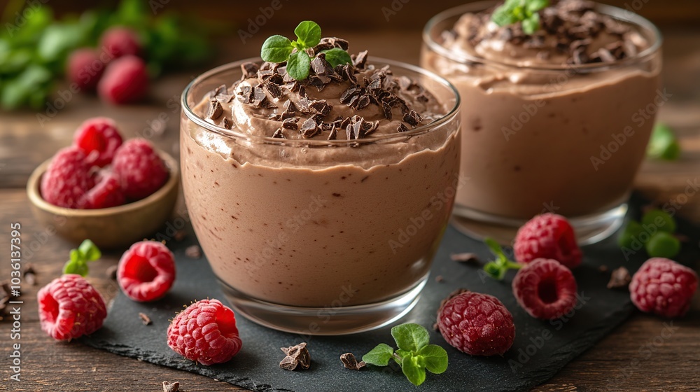 Chocolate mousse topped with raspberries and mint. Chocolate mousse topped with raspberries and mint.
