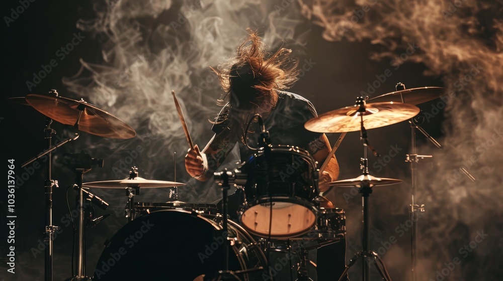 Naklejka premium Rock drummer in action, surrounded by drum kit