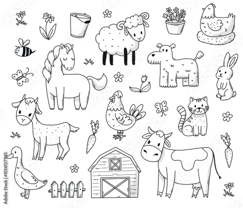 Farm cartoon animals, doodle elements collection for coloring pages, prints, cards, posters, social media decor, etc. EPS 10