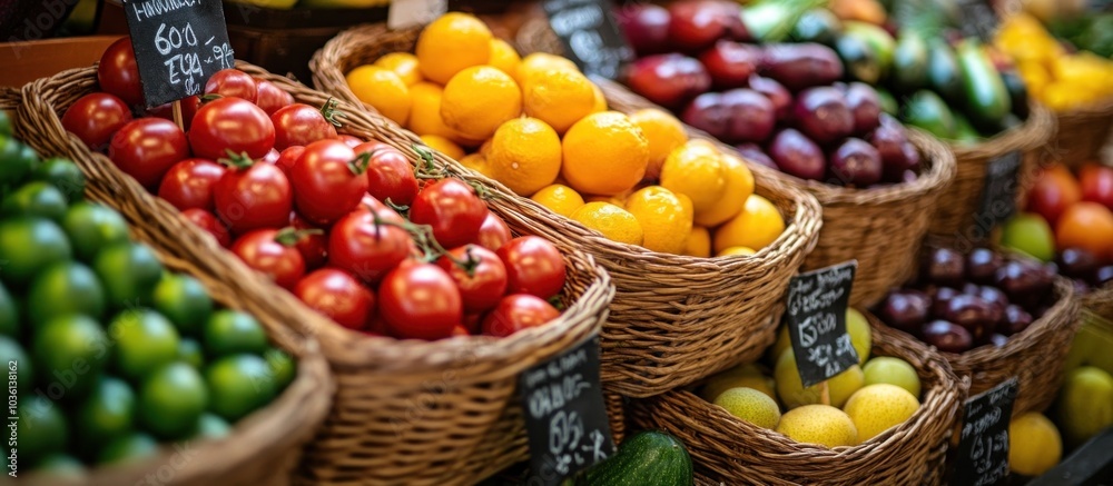 Fresh produce in wicker baskets at a market stall, with red tomatoes, yellow lemons, green limes, and purple plums. Fresh produce in wicker baskets at a market stall, with red tomatoes, yellow lemons, green limes, and purple plums.