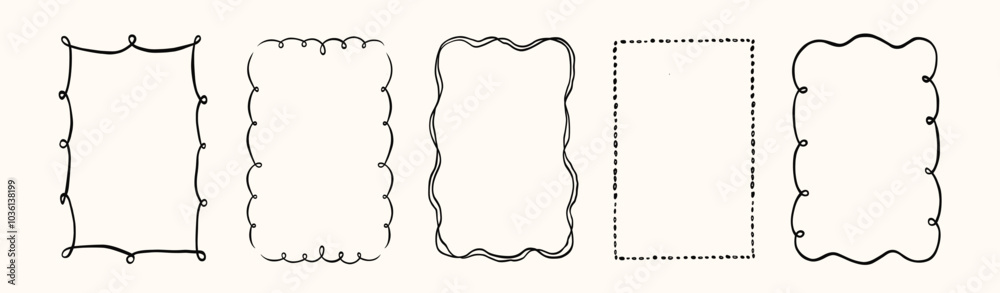 Collection of doodle hand drawn trendy frames with wavy lines and swirls . Minimalist line art. Modern squiggly borders for holiday poster, wedding invitations, birthday card. Vector illustration.