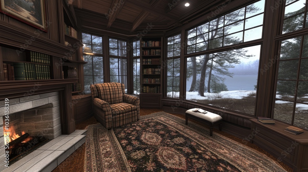 A comfortable reading nook with an armchair, soft blanket, and bookshelves overlooks a winter forest bathed in evening light A comfortable reading nook with an armchair, soft blanket, and bookshelves overlooks a winter forest bathed in evening light