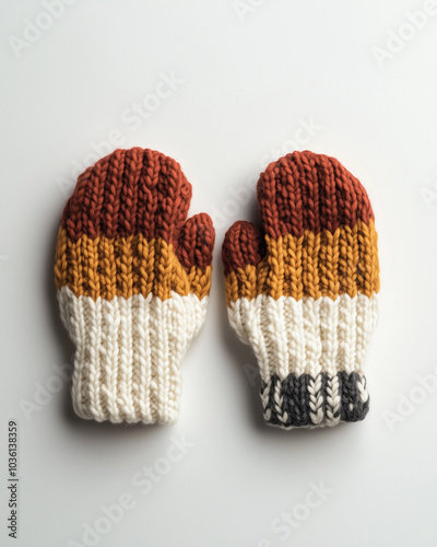 Colorful striped knitted mittens in autumn tones on white background