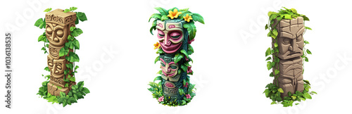 PNG Tiki Masks Surrounded by Lush Greenery, 3D icons and objects collection, in cartoon style isolated on transparent background