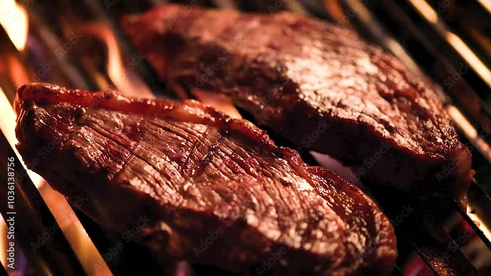 Close Up of Two Juicy Picanha Steaks Grilling on a Barbecue with Flames