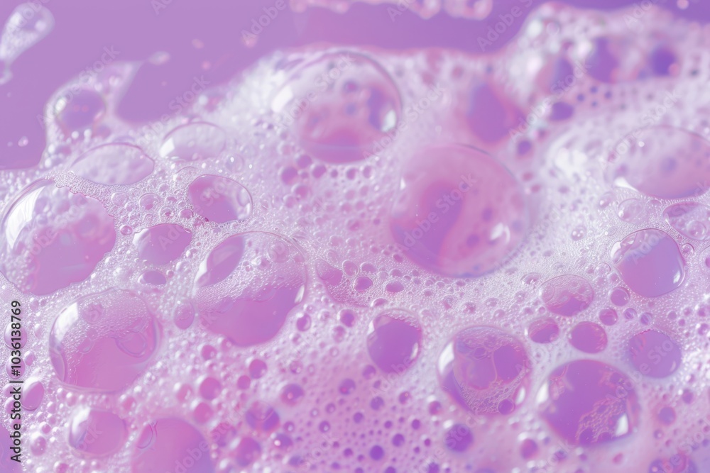 Bubbles of varying sizes float on a purple surface. Concept of cleanliness and freshness. For use in beauty product advertisements. Bubbles of varying sizes float on a purple surface. Concept of cleanliness and freshness. For use in beauty product advertisements.
