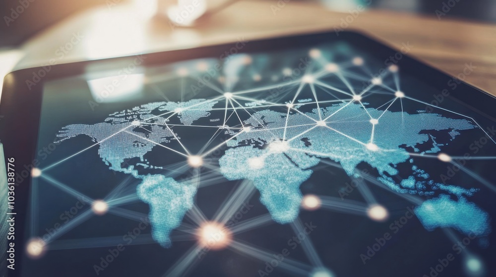 A digital tablet displaying a map with interconnected lines, Modern lifestyle scene, Global style A digital tablet displaying a map with interconnected lines, Modern lifestyle scene, Global style