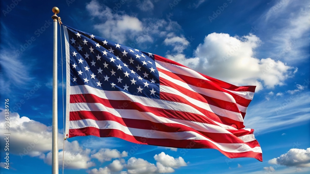 American flag waving in the wind on a sunny day with blue sky and clouds American flag waving in the wind on a sunny day with blue sky and clouds