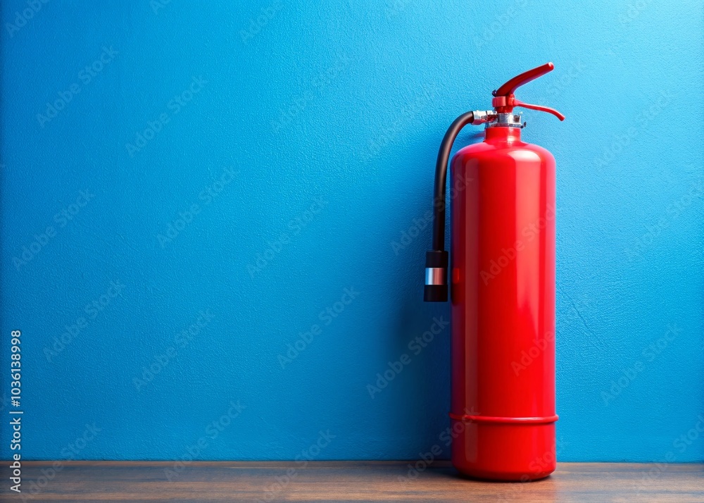 Vibrant Safety: Red Fire Extinguisher on Blue Wall Vibrant Safety: Red Fire Extinguisher on Blue Wall