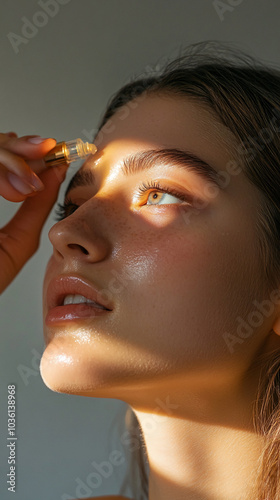 A young woman with long brown hair is applying a serum to her face. She is looking up and her skin is glowing in the sunlight.

