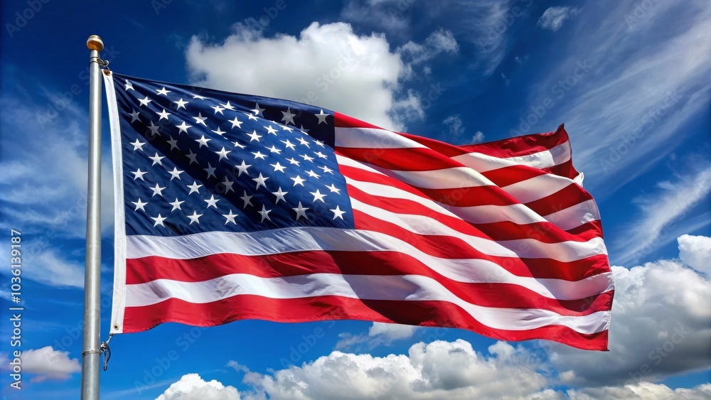 American flag waving in the wind on a sunny day with blue sky and clouds American flag waving in the wind on a sunny day with blue sky and clouds