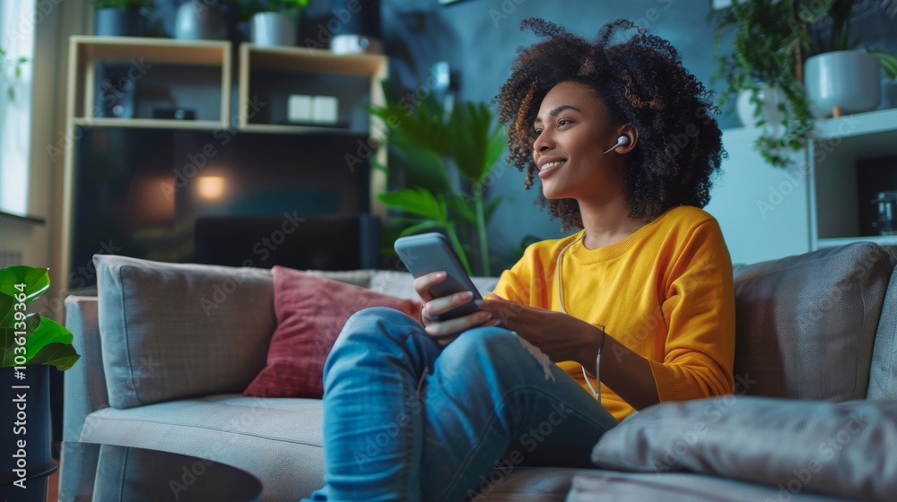 Obraz premium Woman using voice assistant device in a modern living room